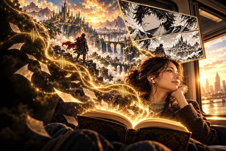 A commuter listens as a novel opens into a fantasy world and manga scenes.
