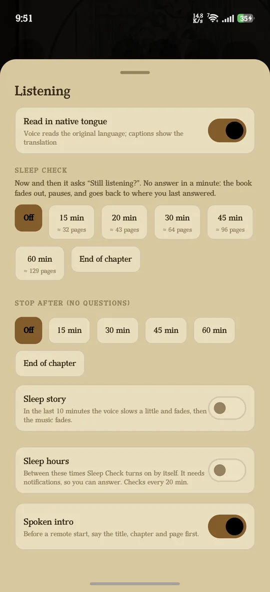 The Listening sheet: read in native tongue, sleep check, stop after, sleep story, sleep hours and spoken intro