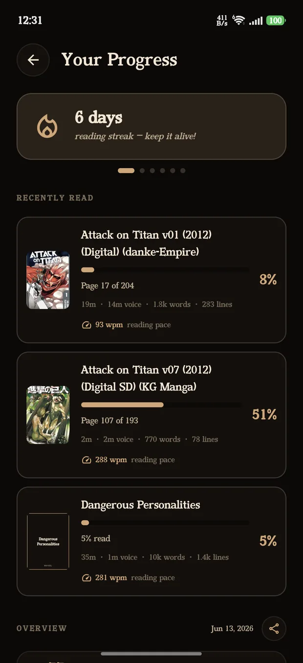 Reading streaks, stats and pace