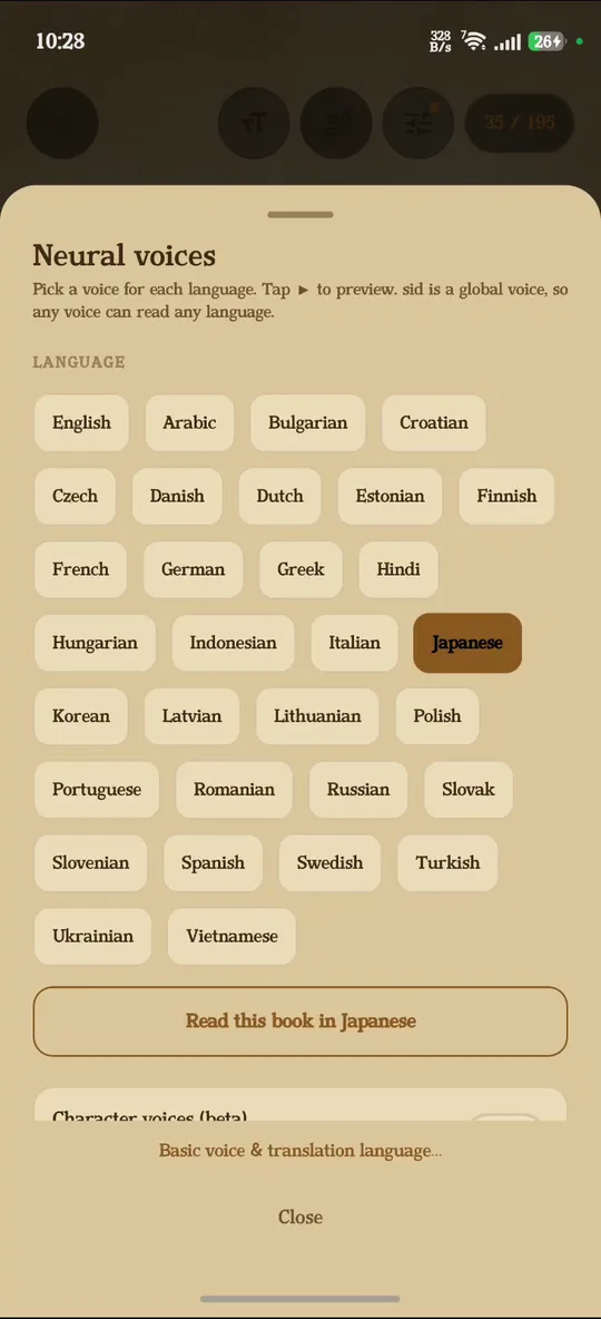 Neural voice picker listing more than thirty languages